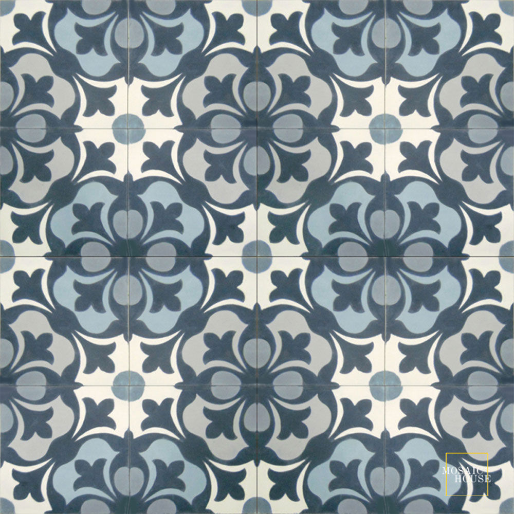 Mosaic House Moroccan tile Chelsea Blues C14-41-33-24-29 White Midnight Blue Gray Silver, gray Azur Blue  cement, encaustic, field, pattern floral 