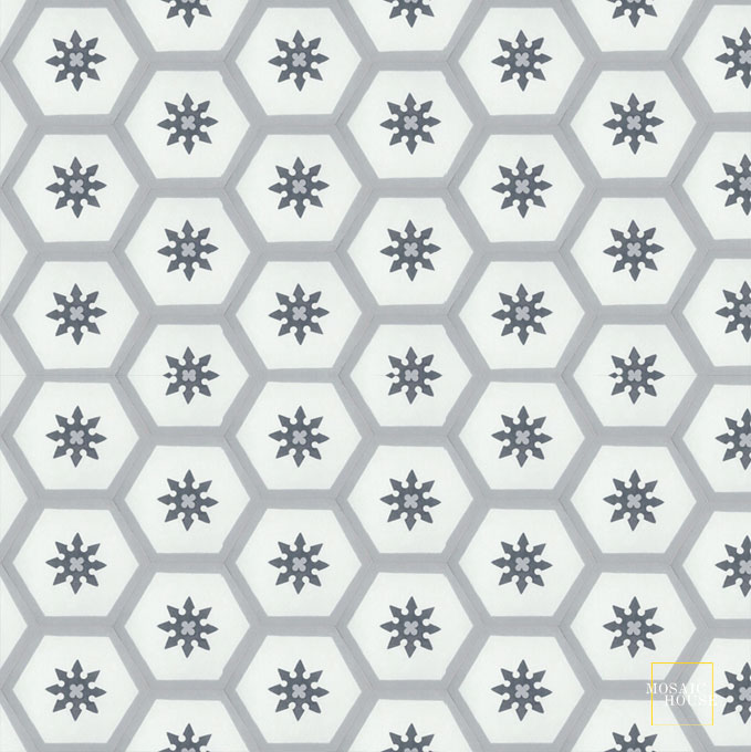 Mosaic House Moroccan tile Parisienne Flower C4-14-24 Black White Silver, gray  cement, encaustic, field, pattern, hexagonal, floral 