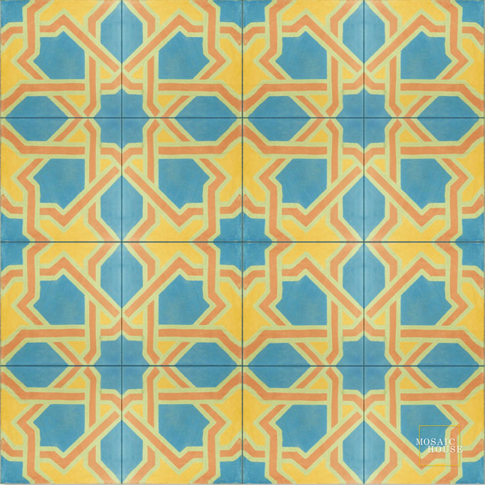 Mosaic House Moroccan tile Vilosa C11-16-15-21 Blue Pale Jade, green Ochre, yellow, orange Pale Salmon, pink  cement, encaustic, field, pattern, traditional, classic 