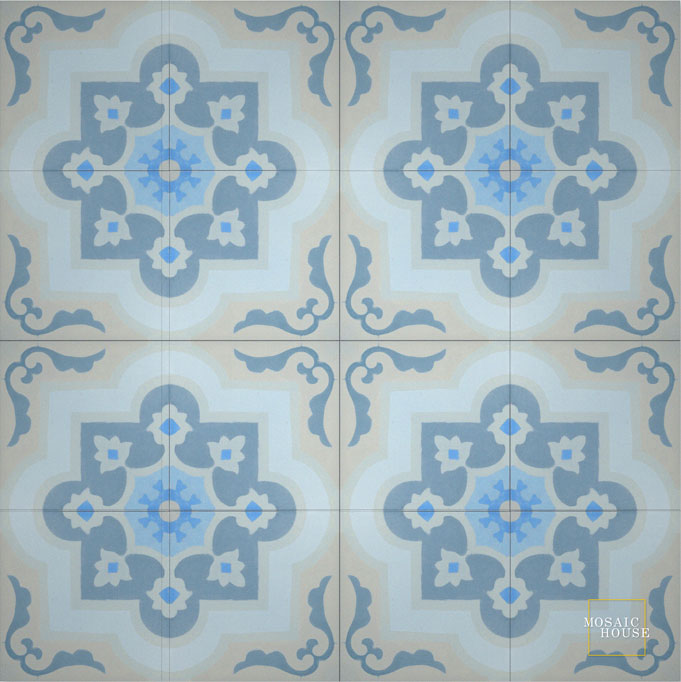 Mosaic House Moroccan tile Waterlily C24-29-22-39-6-11 Silver, gray Azur Blue Powder Blue Sky Blue Pacific Blue Blue  cement, encaustic, field, pattern
