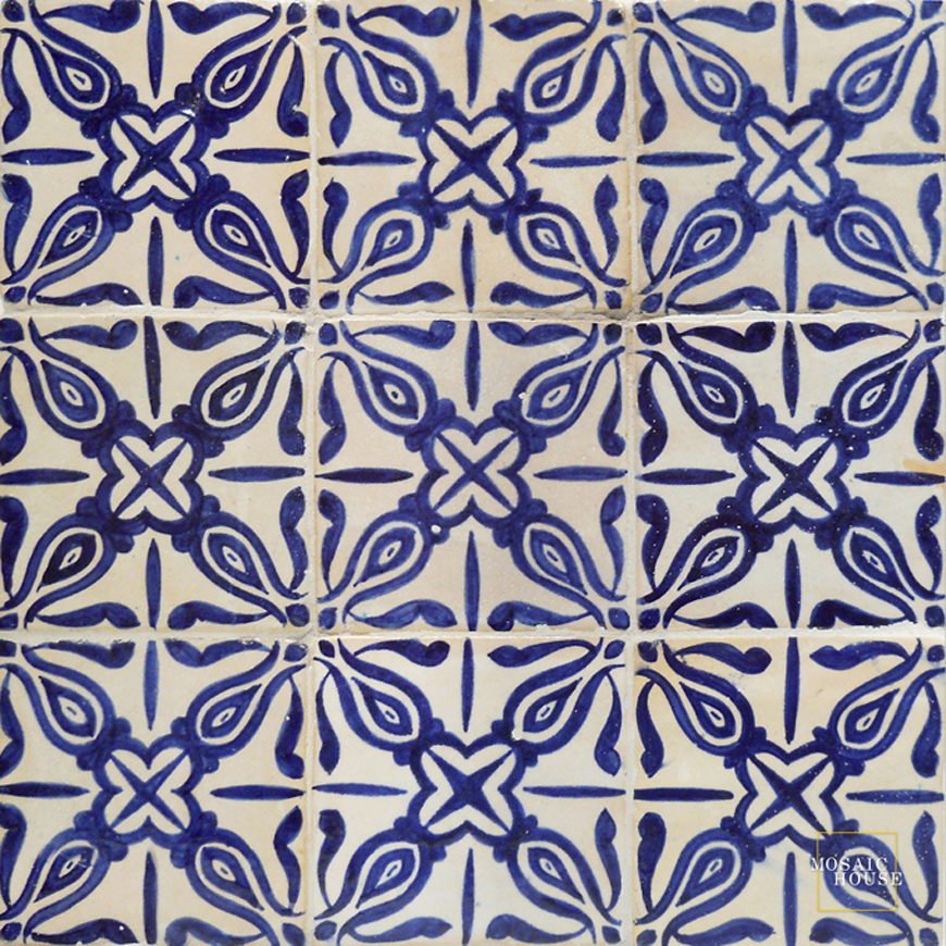 Mosaic House Moroccan tile Abeille Blue 1-15 White Cobalt Blue  hand painted 
