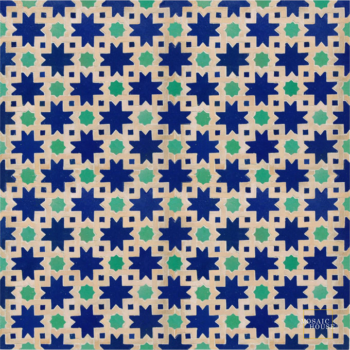 Mosaic House Moroccan tile Mogador 15-12-14 Cobalt Blue Light Green Natural, Unglazed, Terracotta  zellige, mosaic, zellij, field, pattern, glaze 