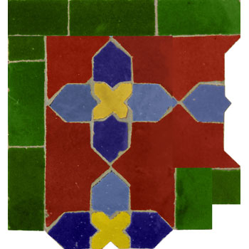Mosaic House Moroccan tile Kmarshoun C  Corner 7-10-2-15-18 Red Green Light Blue Cobalt Blue Yellow  zellige, mosaic, zellij, border, glaze 
