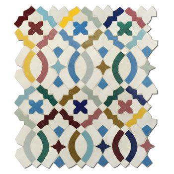 Mosaic House Moroccan tile Mopra 1-2-24-17-13-18-7-21-8-3 White Light Blue Sea Green Sky blue Light Turquoise Yellow Red Pink Ochre Midnight Blue  zellige, mosaic, zellij, field, pattern, glaze, intricate, traditional 