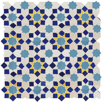 Mosaic House Moroccan tile Tarceeh 1-15-13-18 White Cobalt Blue Light Turquoise Yellow  zellige, mosaic, zellij, field, pattern, glaze 